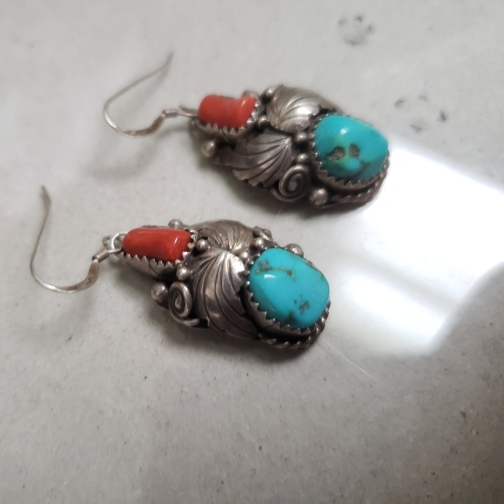 Genuine Sterling Silver & Turquoise/Coral Earrings